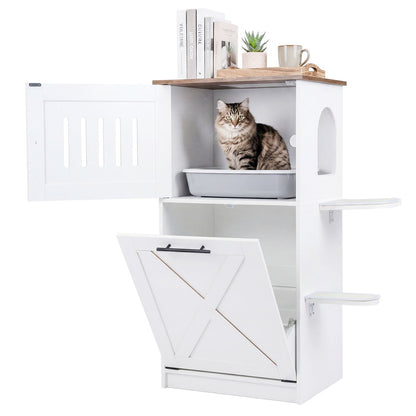 115 cm Modern Hidden Cat House Cabinet with 2 Scratching Pads and Flip-Down Storage Cabinet-White