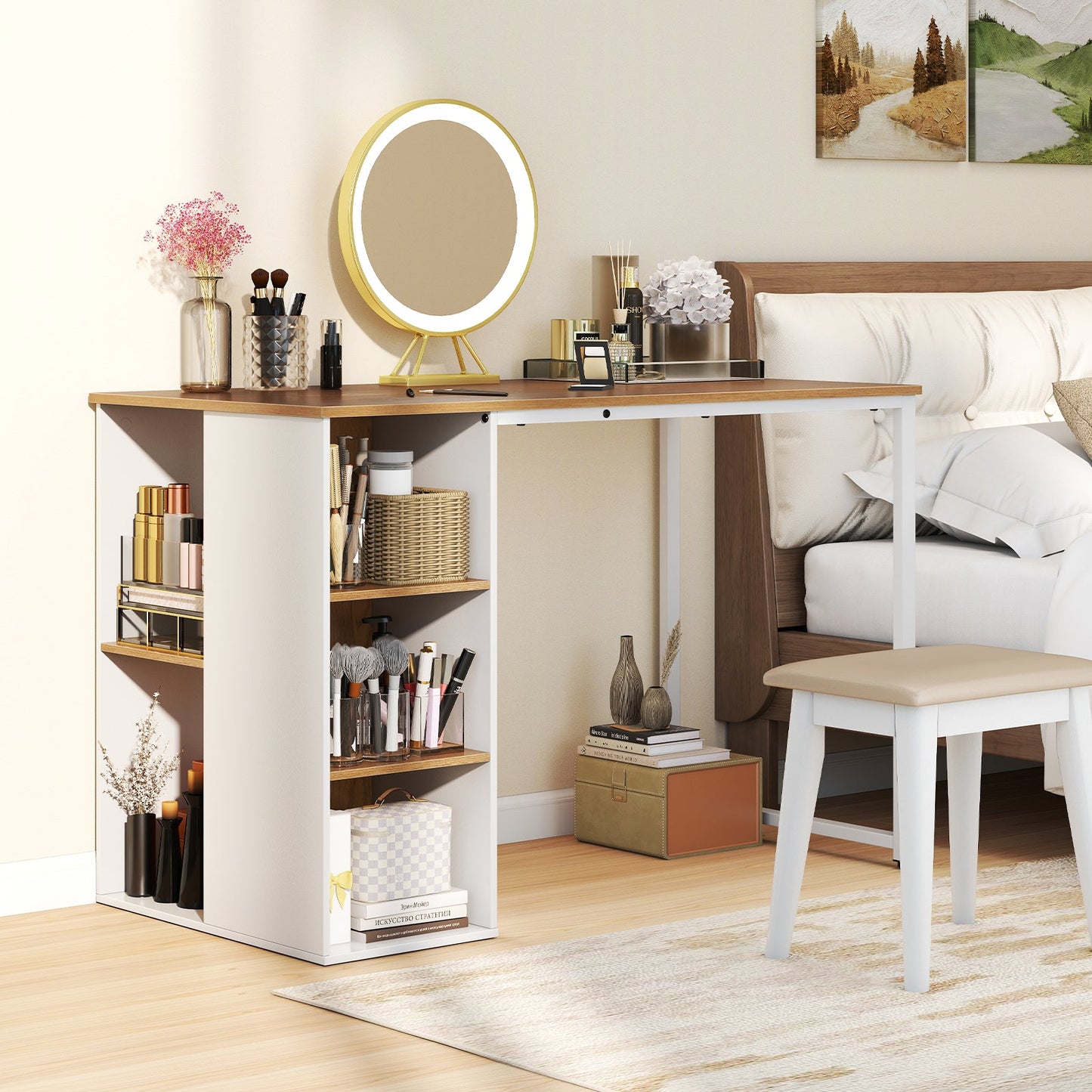 115 CM Computer Desk with 5 Storage Compartments-Natural