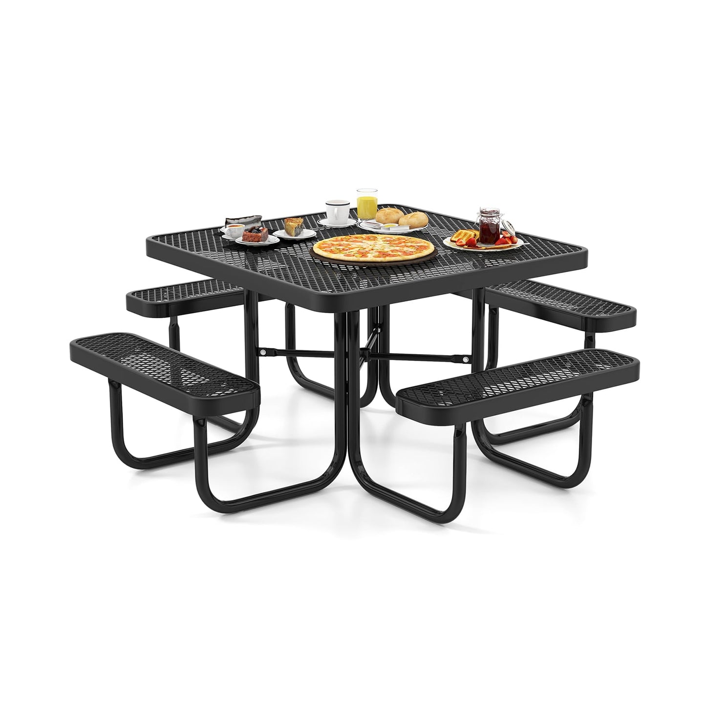 116 cm Coated Steel Square Camping Picnic Table and Bench for 8-Black