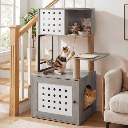 117.5 cm Modern Cat Tower Cabinet with Sisal Scratching Posts and Hanging Ball-Grey