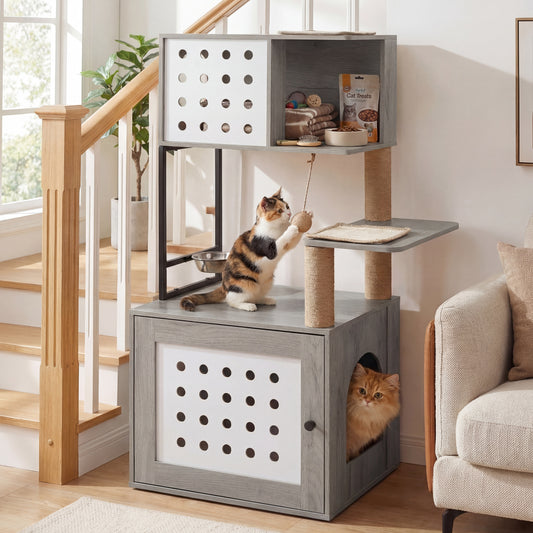 117.5 cm Modern Cat Tower Cabinet with Sisal Scratching Posts and Hanging Ball-Grey