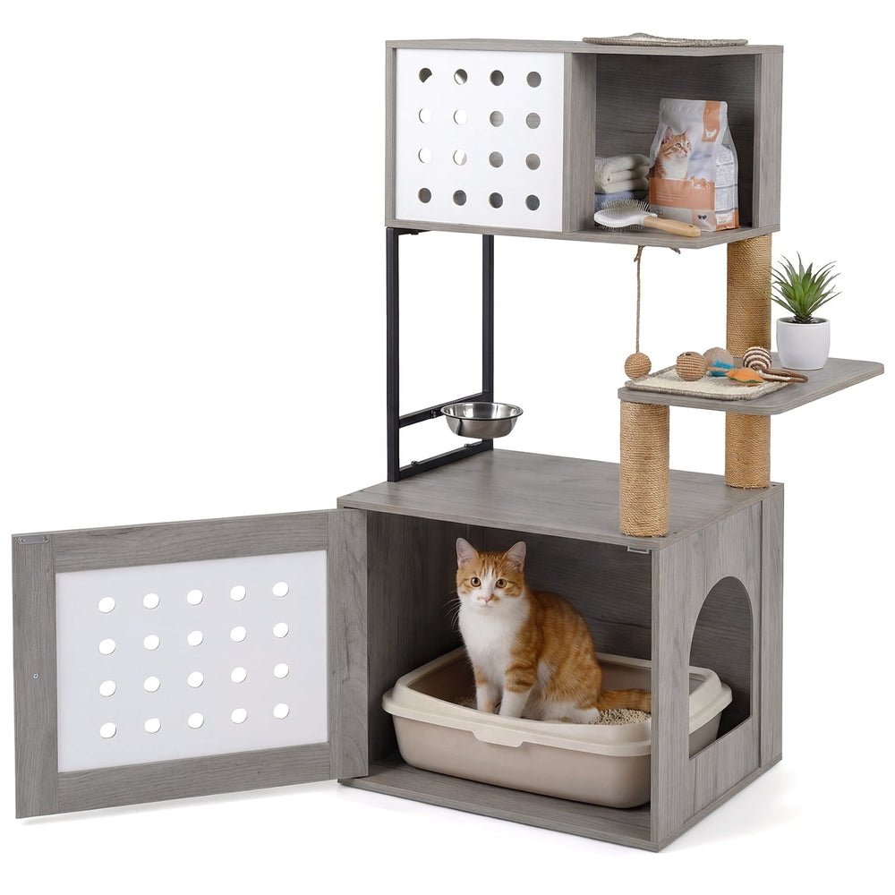 117.5 cm Modern Cat Tower Cabinet with Sisal Scratching Posts and Hanging Ball-Grey