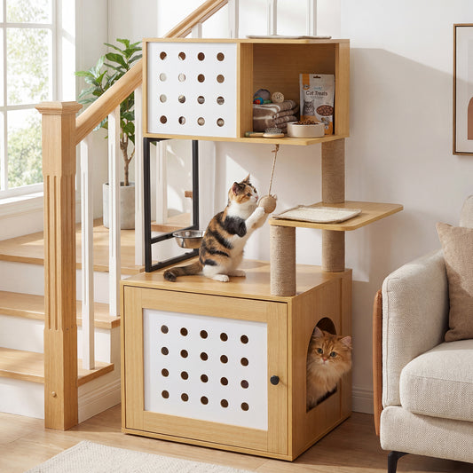 117.5 cm Modern Cat Tower Cabinet with Sisal Scratching Posts and Hanging Ball-Natrual