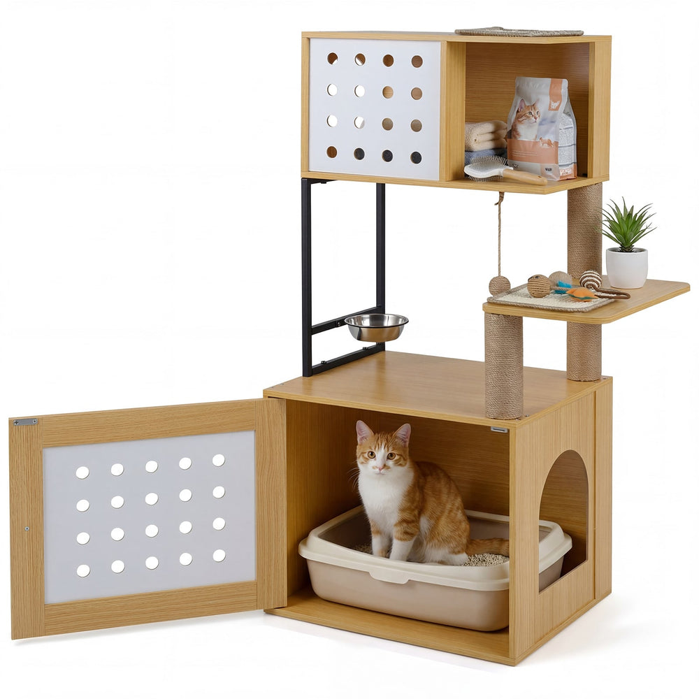117.5 cm Modern Cat Tower Cabinet with Sisal Scratching Posts and Hanging Ball-Natrual