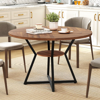 118 CM Round Dining Table with Storage Shelf and Wooden Tabletop-Brown