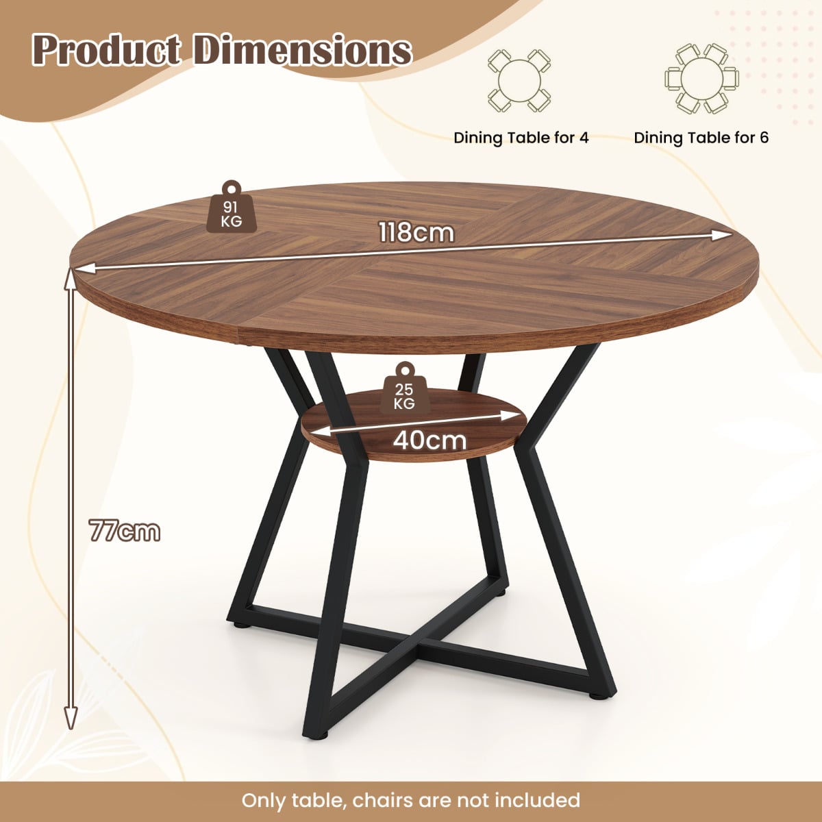 118 CM Round Dining Table with Storage Shelf and Wooden Tabletop-Brown