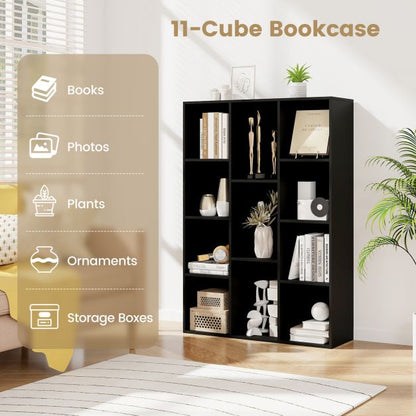 11-Cube Bookcase Modern Geometric Bookshelf with Anti-tipping Kits-Black