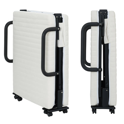 Folding Single Guest Bed with Mattress & Metal Frame-White