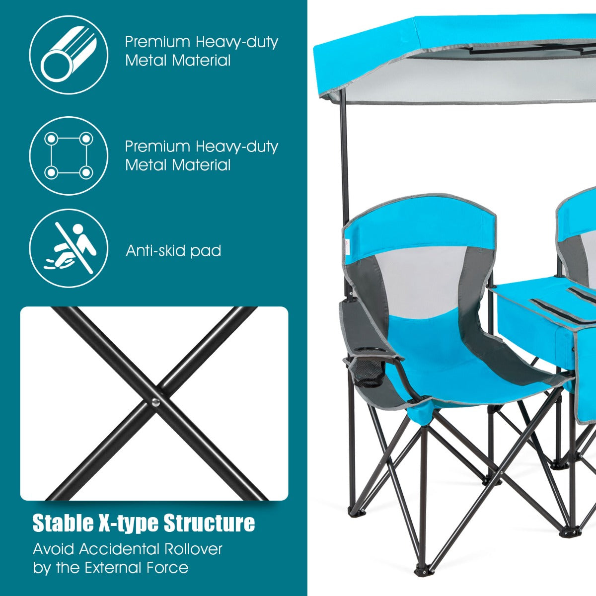 Double Folding Camping Chair with Canopy and Armrests-Blue