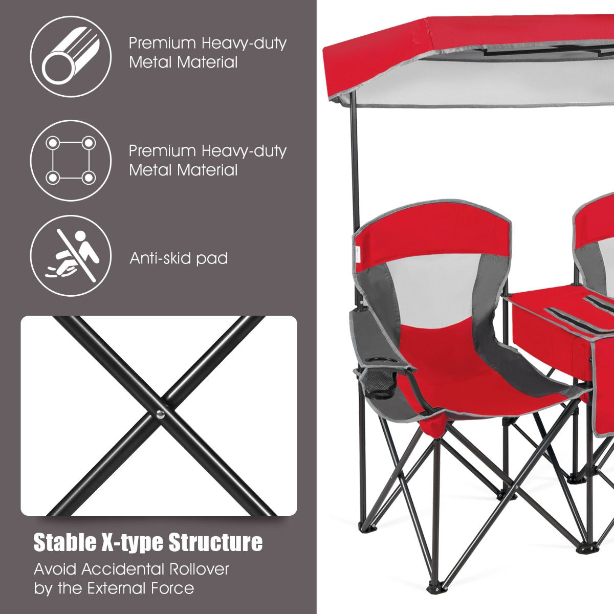 Double Folding Camping Chair with Canopy and Armrests-Red