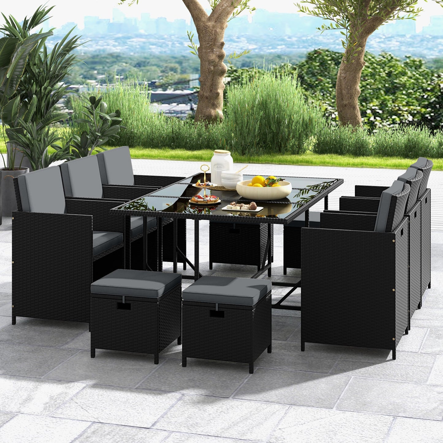 11 Pieces Patio Dining Set with Ottomans for Garden Yard Poolside-Grey