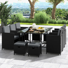 11 Pieces Patio Dining Set with Ottomans for Garden Yard Poolside-Grey