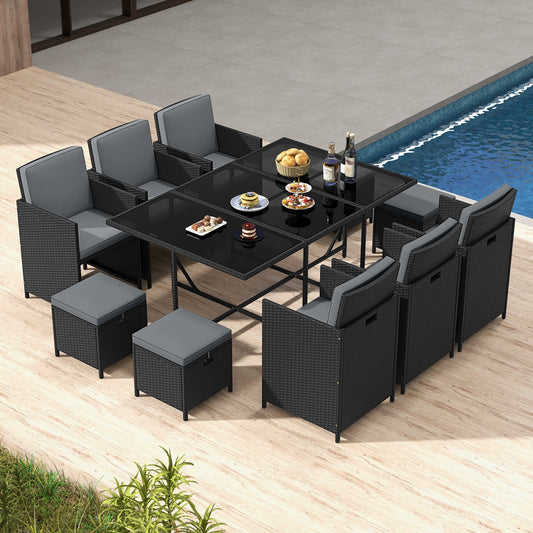 11 Pieces Patio Dining Set with Ottomans for Garden Yard Poolside-Grey