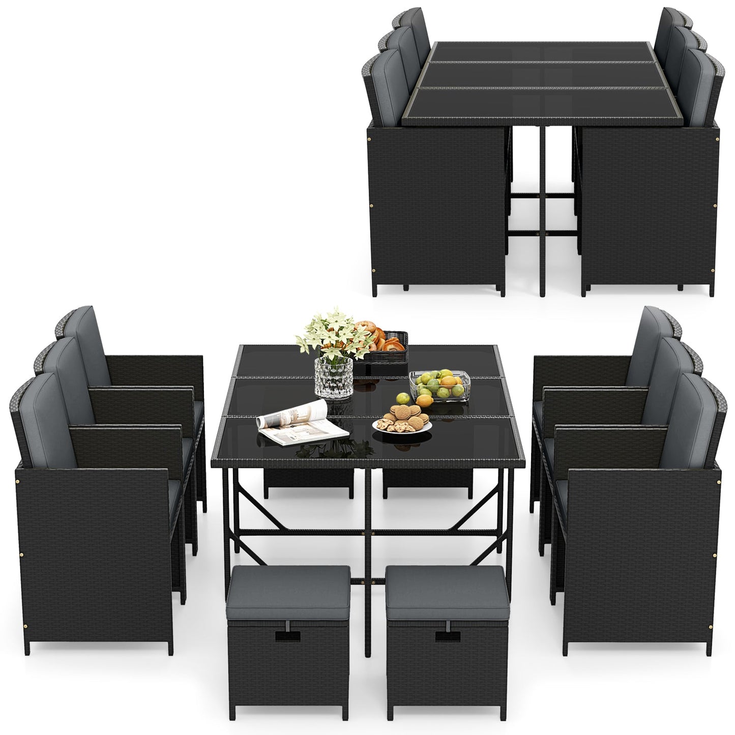 11 Pieces Patio Dining Set with Ottomans for Garden Yard Poolside-Grey