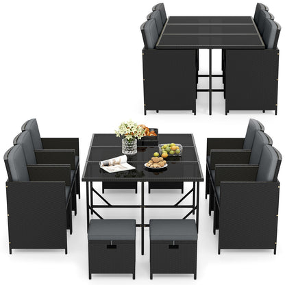 11 Pieces Patio Dining Set with Ottomans for Garden Yard Poolside-Grey