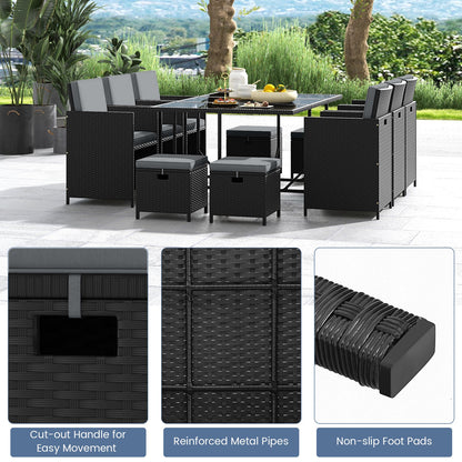 11 Pieces Patio Dining Set with Ottomans for Garden Yard Poolside-Grey