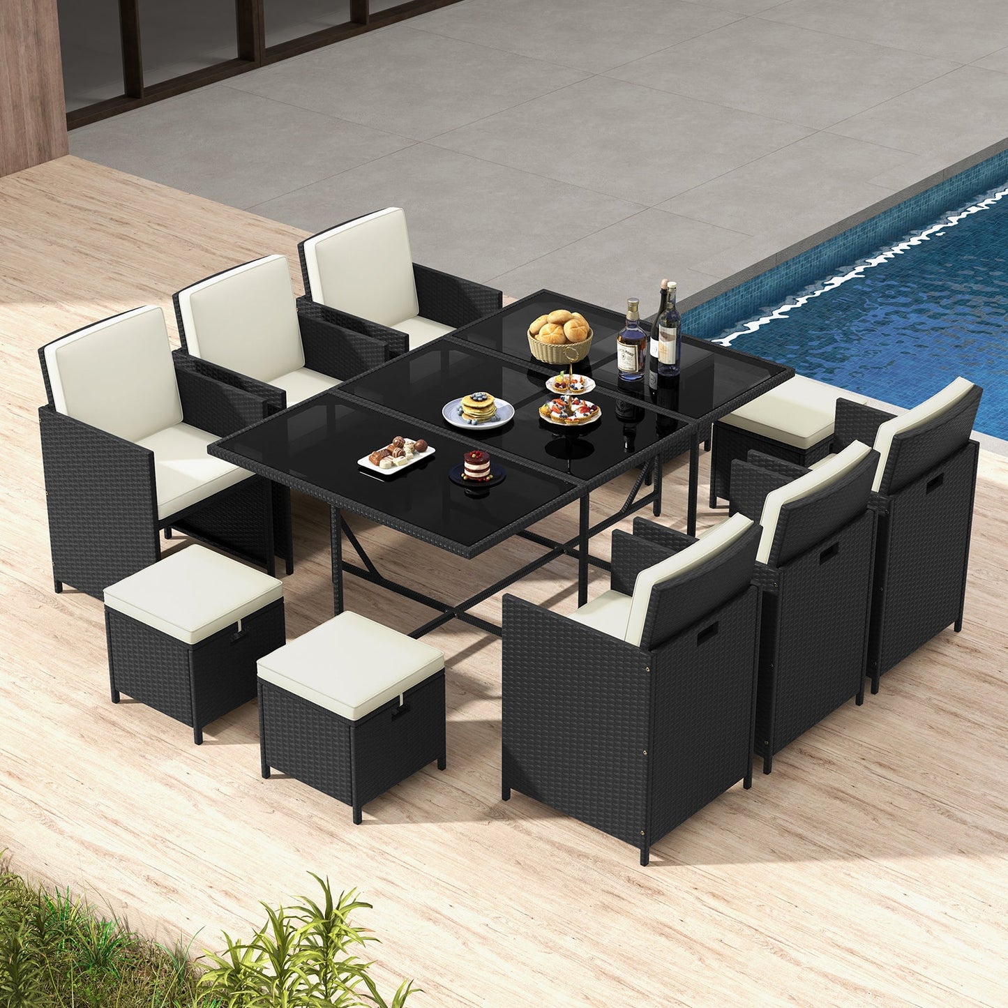 11 Pieces Patio Dining Set with Ottomans for Garden Yard Poolside-White