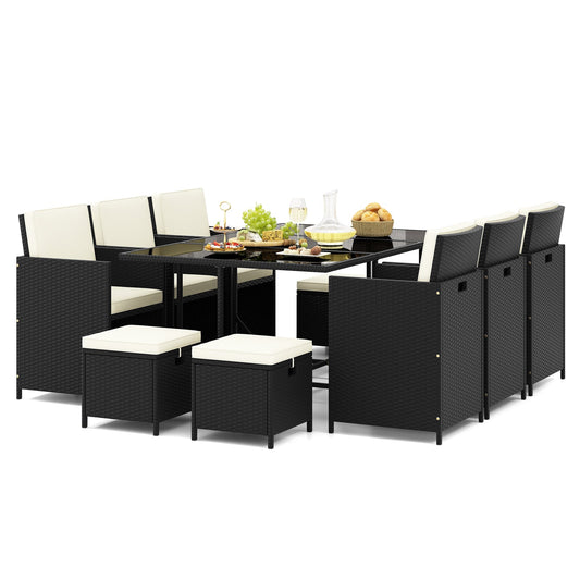11 Pieces Patio Dining Set with Ottomans for Garden Yard Poolside-White