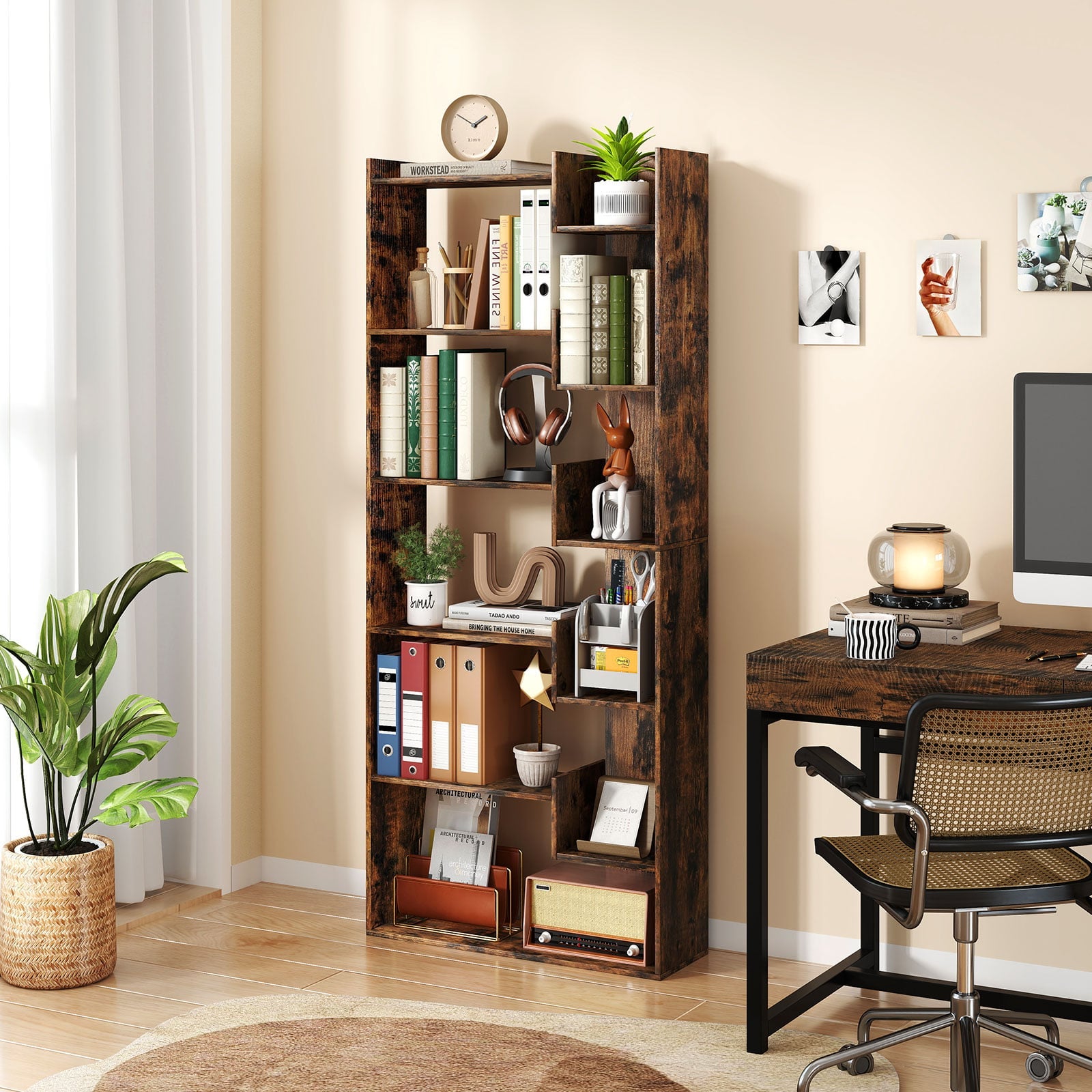 11-Shelf Wooden Bookshelf with 2 Anti-Tipping Kits-Rustic Brown