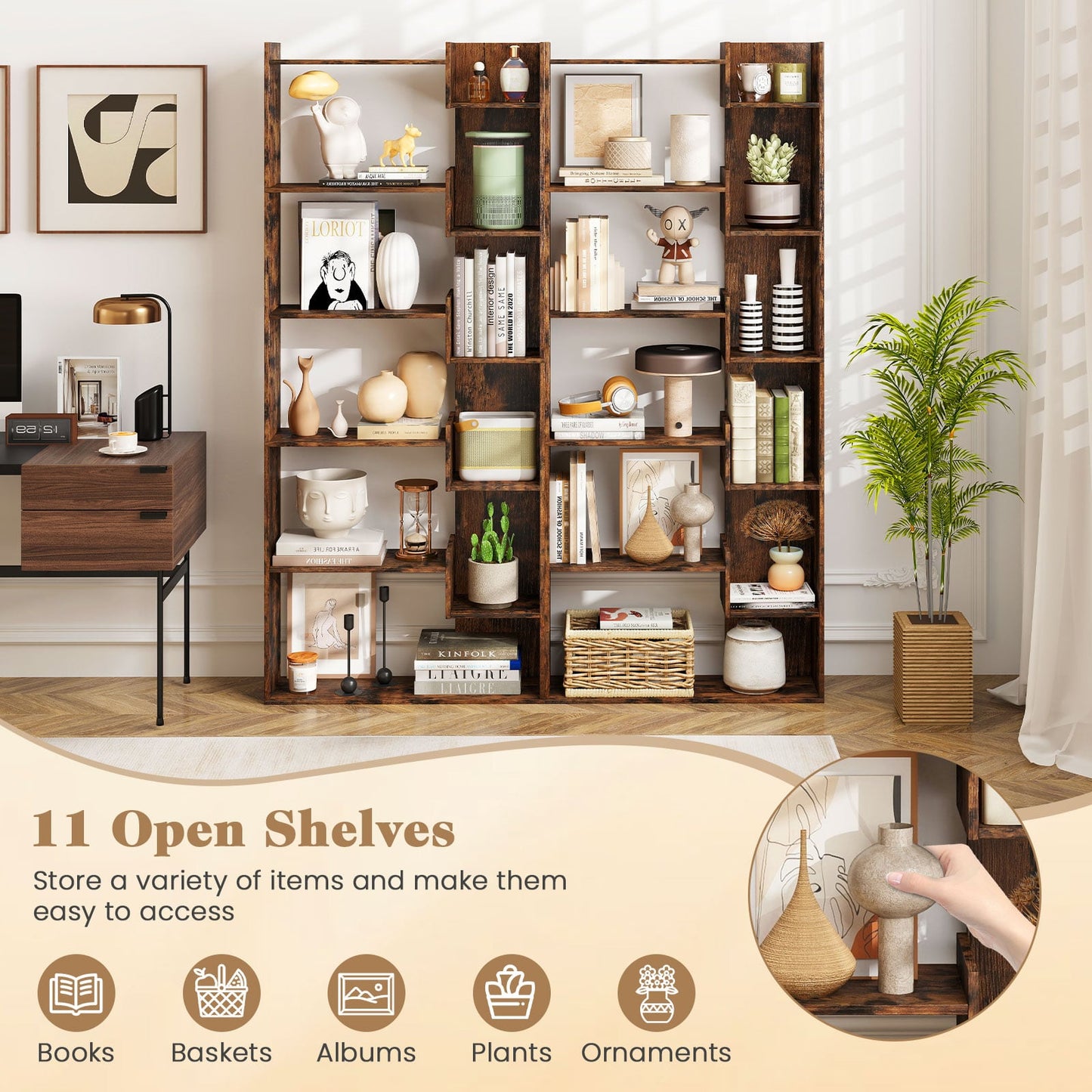 11-Shelf Wooden Bookshelf with 2 Anti-Tipping Kits-Rustic Brown