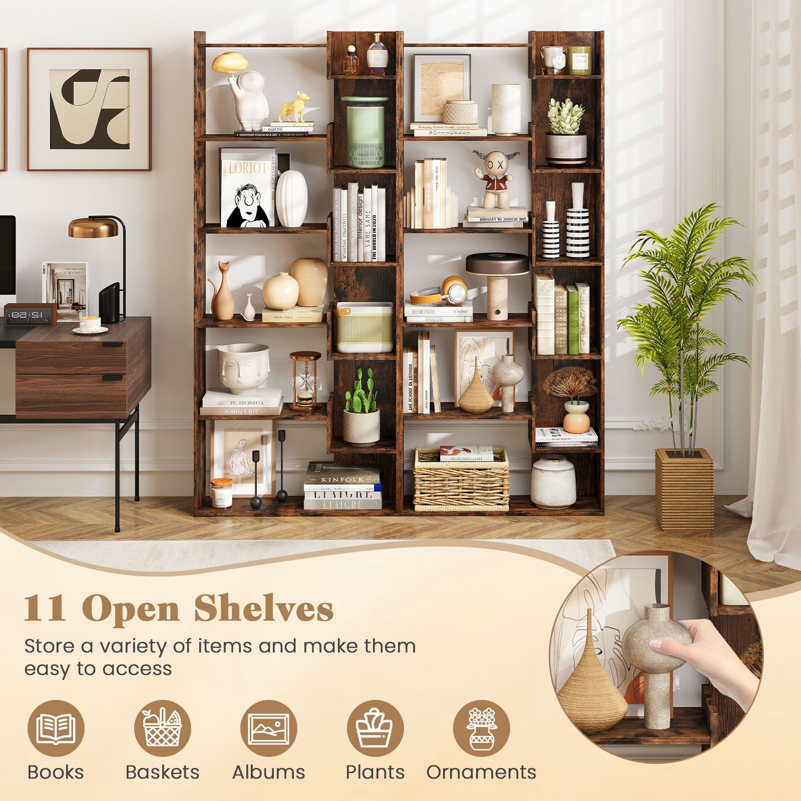 11-Shelf Wooden Bookshelf with 2 Anti-Tipping Kits-Rustic Brown