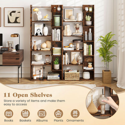 11-Shelf Wooden Bookshelf with 2 Anti-Tipping Kits-Rustic Brown