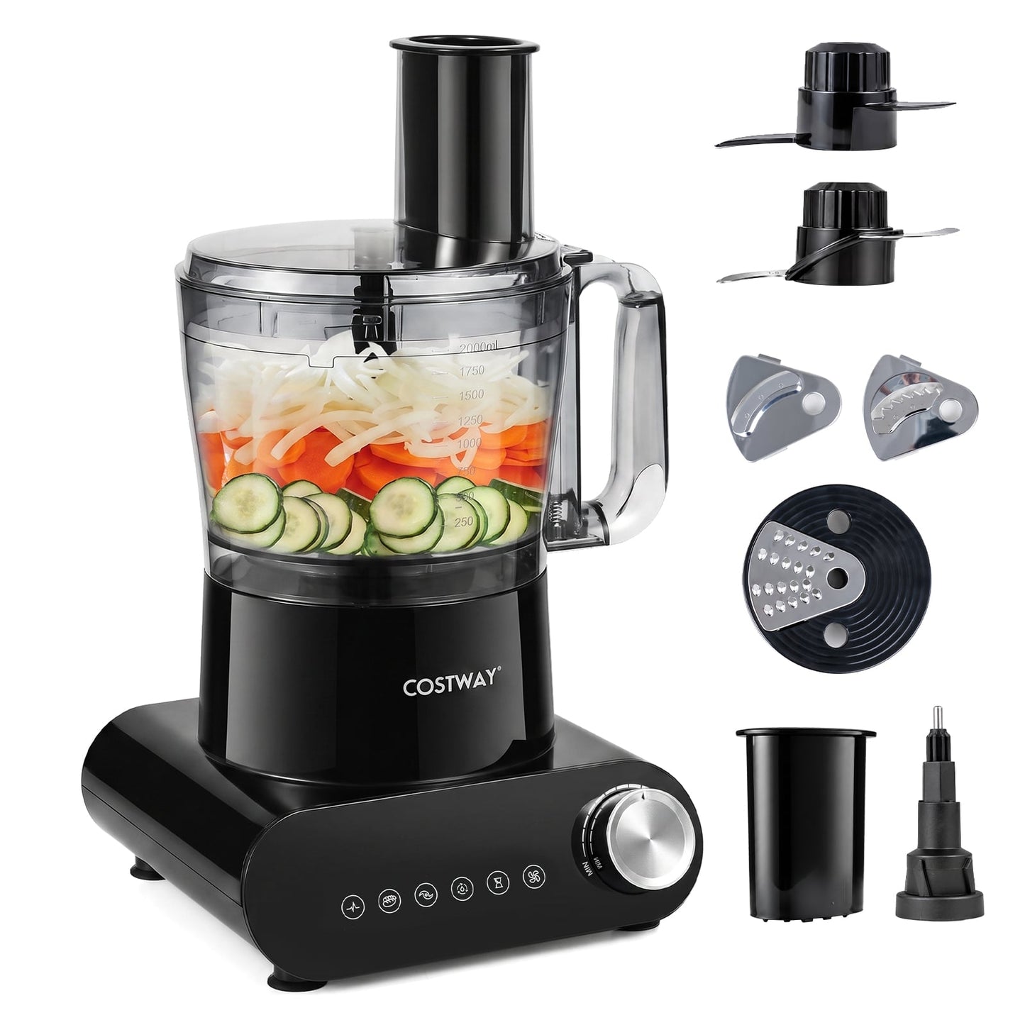 12 Cup Food Processor 600W with 3 Discs & 2 Blades for Slicing Shredding Dough-Black