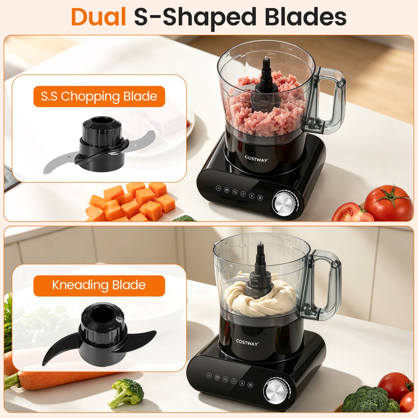 12 Cup Food Processor 600W with 3 Discs & 2 Blades for Slicing Shredding Dough-Black