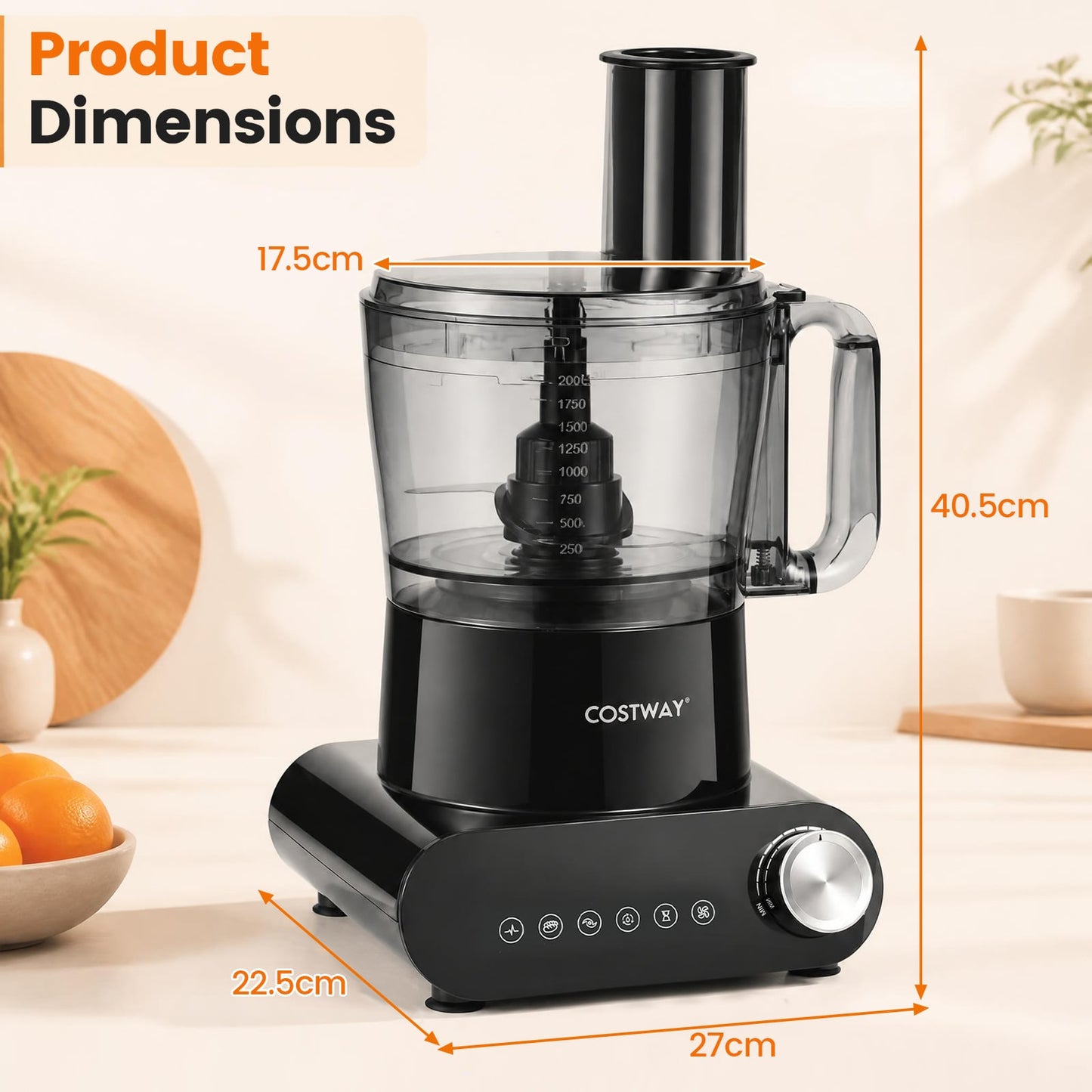 12 Cup Food Processor 600W with 3 Discs & 2 Blades for Slicing Shredding Dough-Black