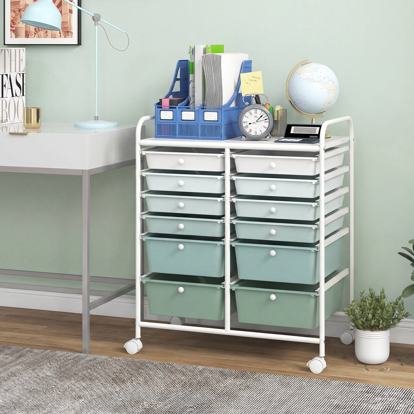 12 Drawers Rolling Storage Cart with 4 Wheels and Brakes-Green