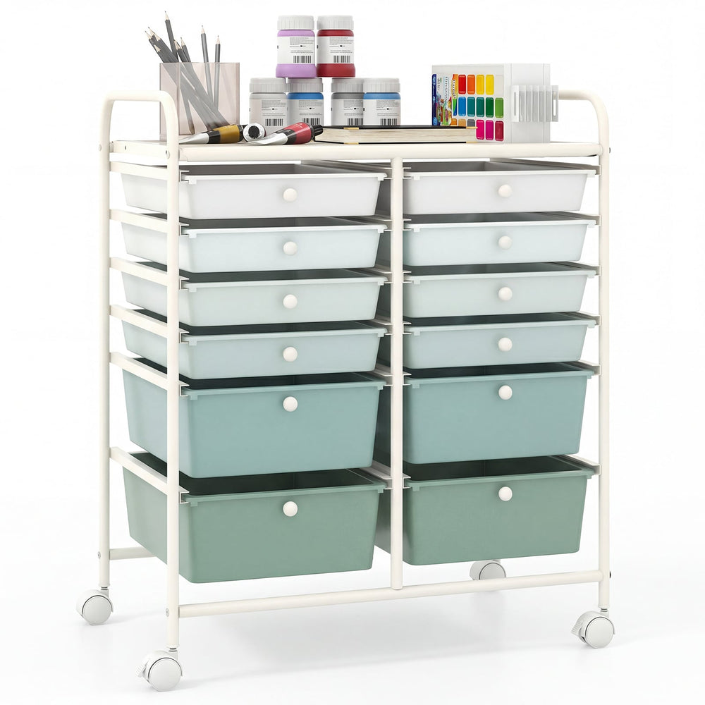 12 Drawers Rolling Storage Cart with 4 Wheels and Brakes-Green