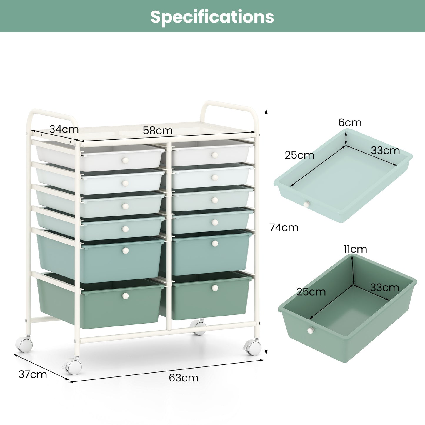 12 Drawers Rolling Storage Cart with 4 Wheels and Brakes-Green