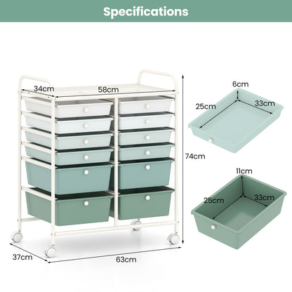 12 Drawers Rolling Storage Cart with 4 Wheels and Brakes-Green