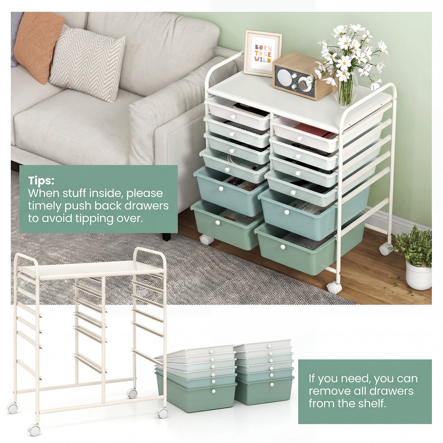 12 Drawers Rolling Storage Cart with 4 Wheels and Brakes-Green
