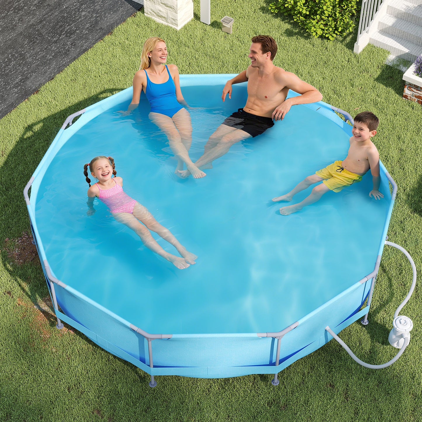 12 Feet Round Outdoor Framed Pool Set with Filter Pump