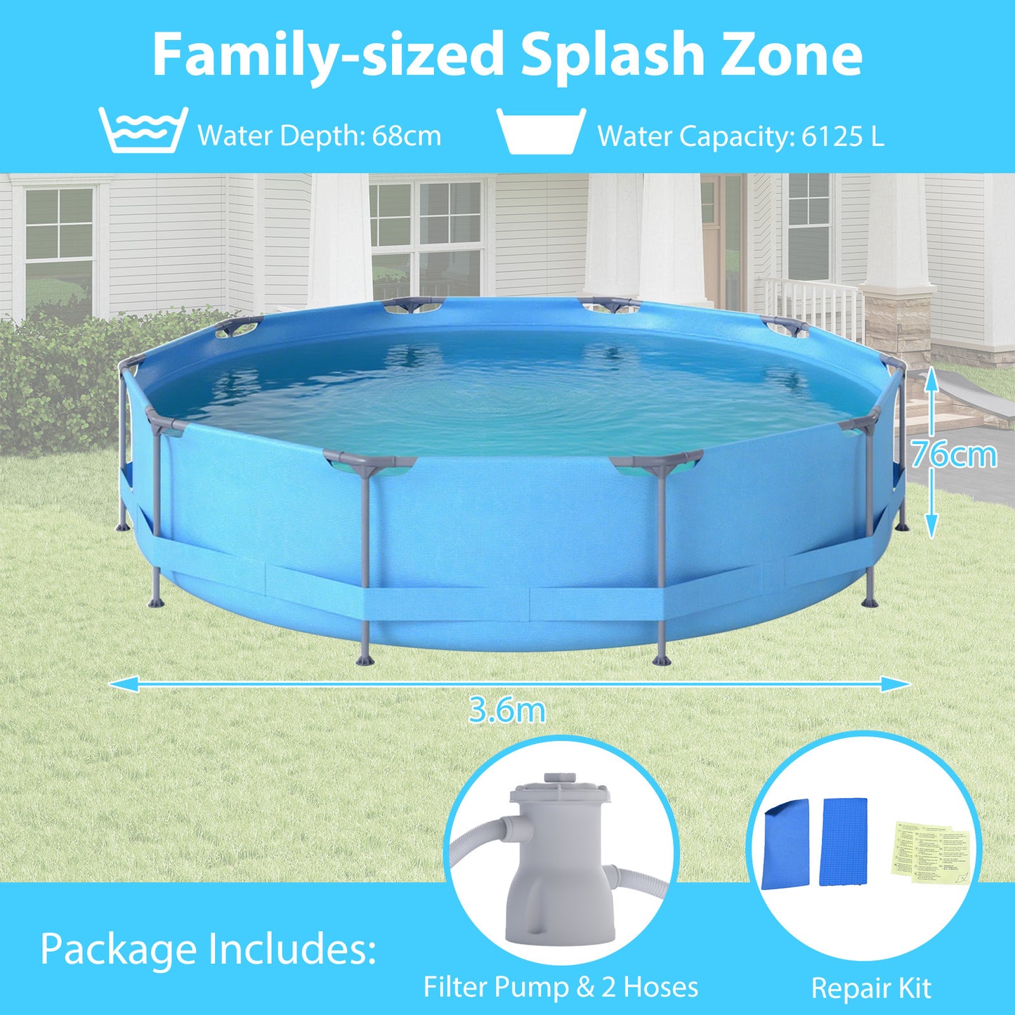12 Feet Round Outdoor Framed Pool Set with Filter Pump