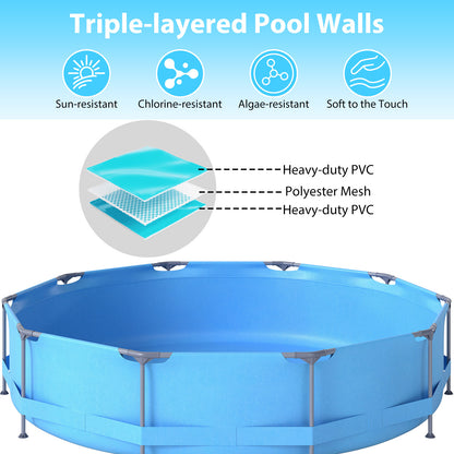 12 Feet Round Outdoor Framed Pool Set with Filter Pump