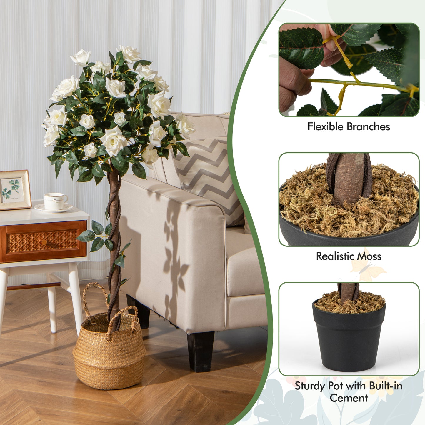 120 CM Artificial Flower Tree Faux Floral Plant Set of 2 with White Roses