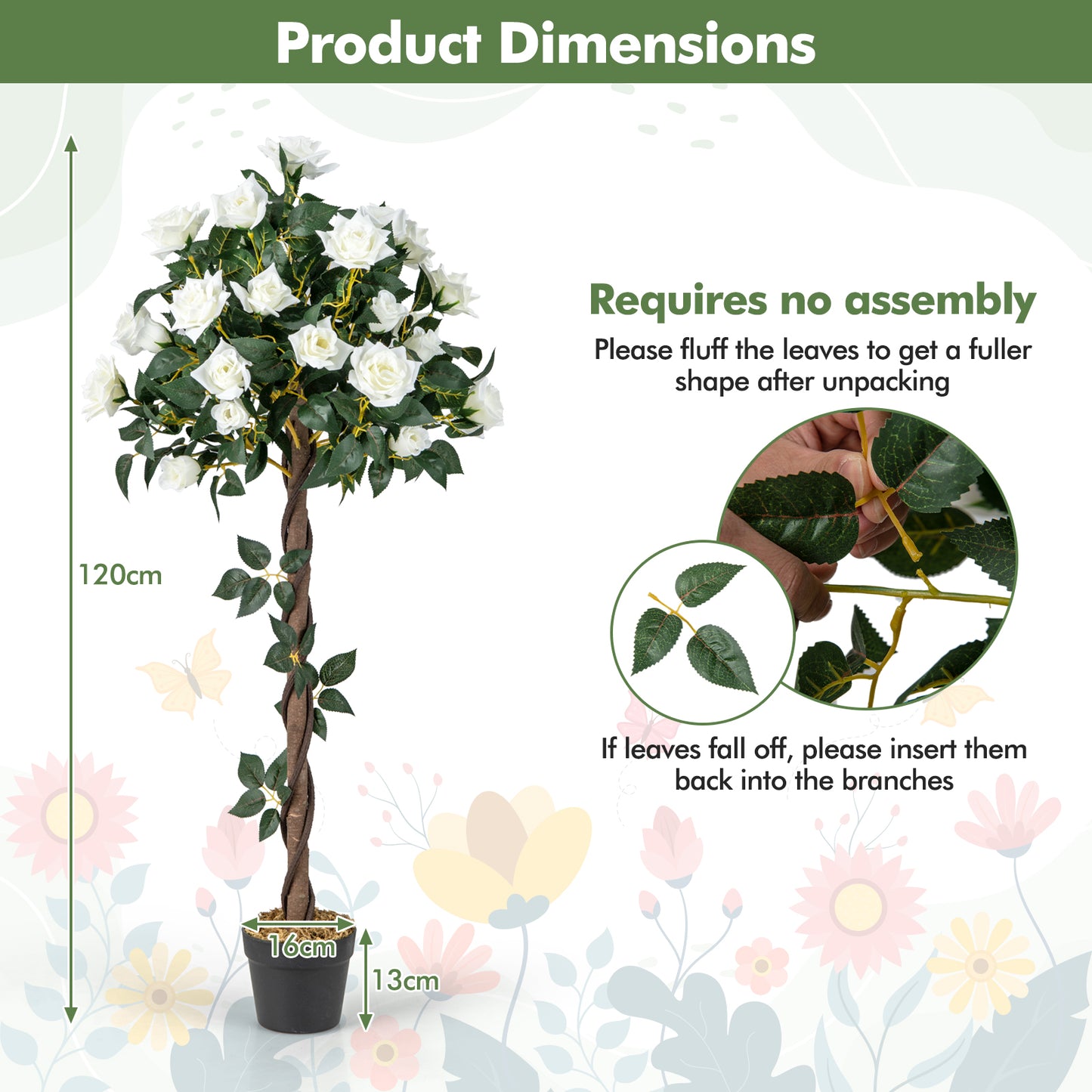 120 CM Artificial Flower Tree Faux Floral Plant Set of 2 with White Roses