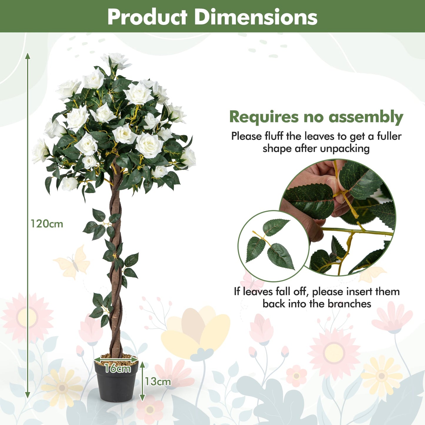 120 CM Artificial Flower Tree Faux Floral Plant Set of 2 with White Roses