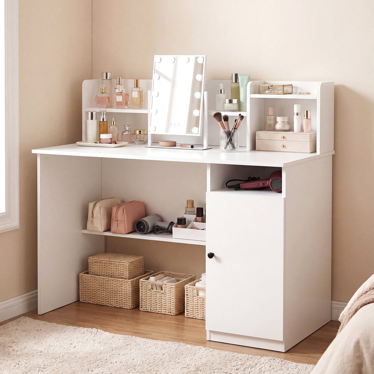 120 CM Computer Desk with Monitor Stand and Storage Cabinet-White