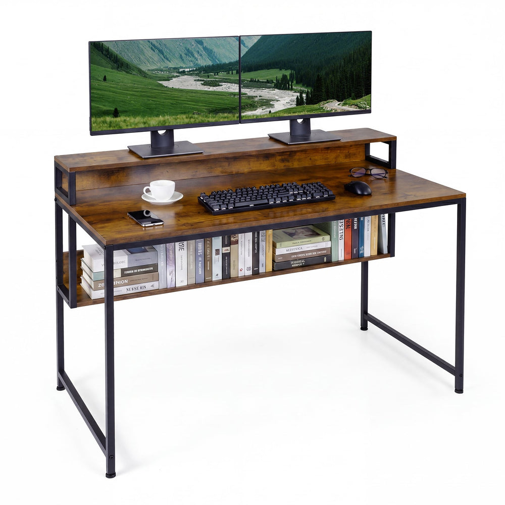120 CM Office Desk with Monitor Stand Computer Desk with Storage Shelf and Metal Frame-Rustic Brown