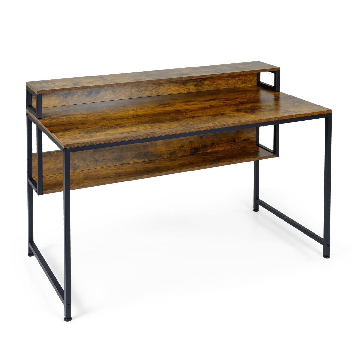 120 CM Office Desk with Monitor Stand Computer Desk with Storage Shelf and Metal Frame-Rustic Brown