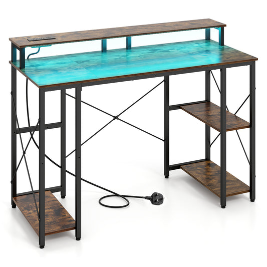 120 cm Computer Desk with Charging Station LED Lights and Storage Shelves-Rustic Brown