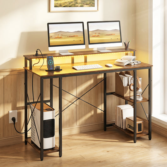 120 cm Computer Desk with Charging Station LED Lights and Storage Shelves-Rustic Brown