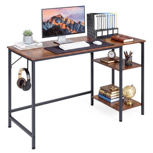 120 cm Reversible Home Office Desk with Headphone Hook and Shelves-Rustic Brown