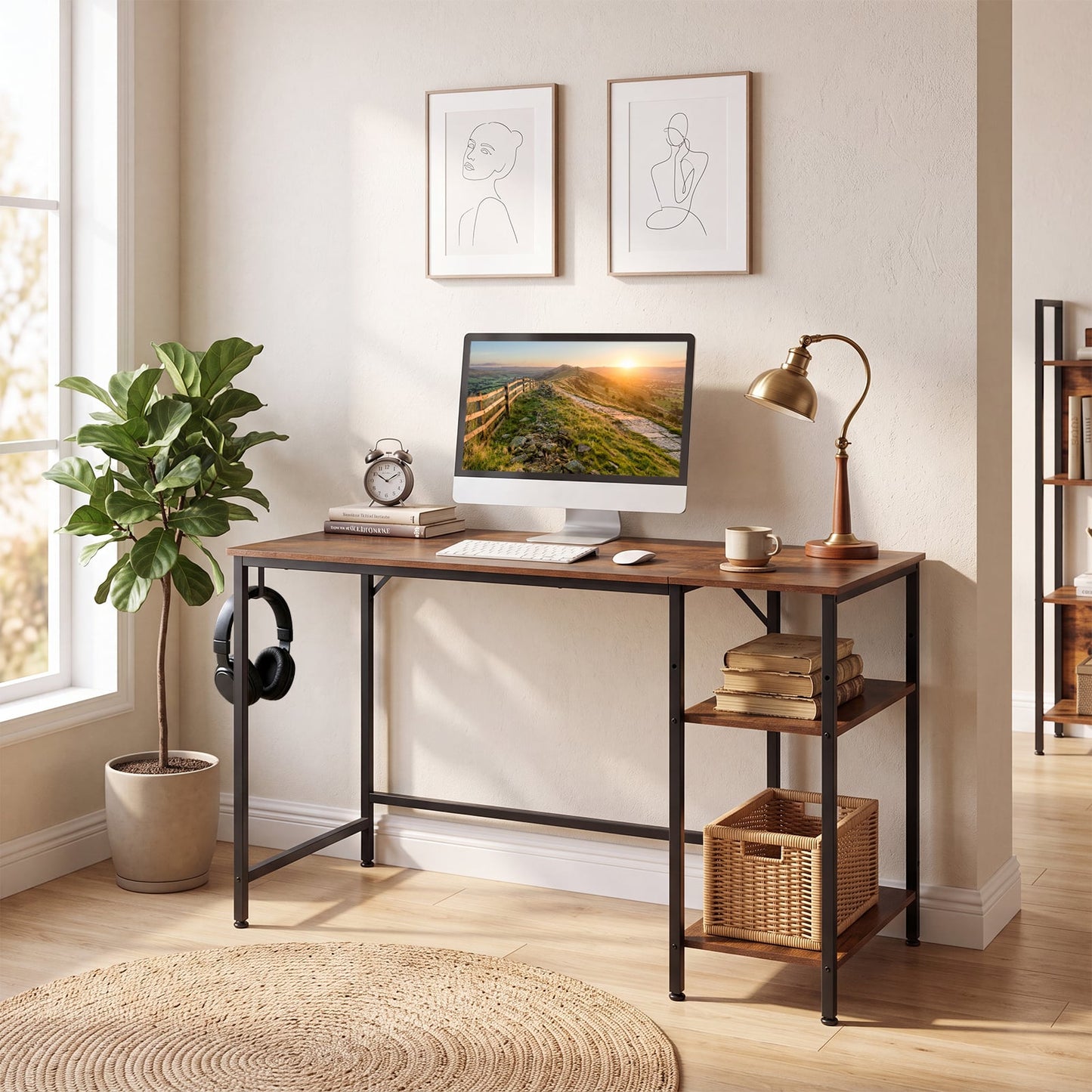 120 cm Reversible Home Office Desk with Headphone Hook and Shelves-Rustic Brown