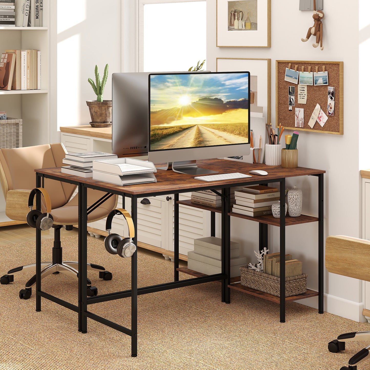 120 cm Reversible Home Office Desk with Headphone Hook and Shelves-Rustic Brown