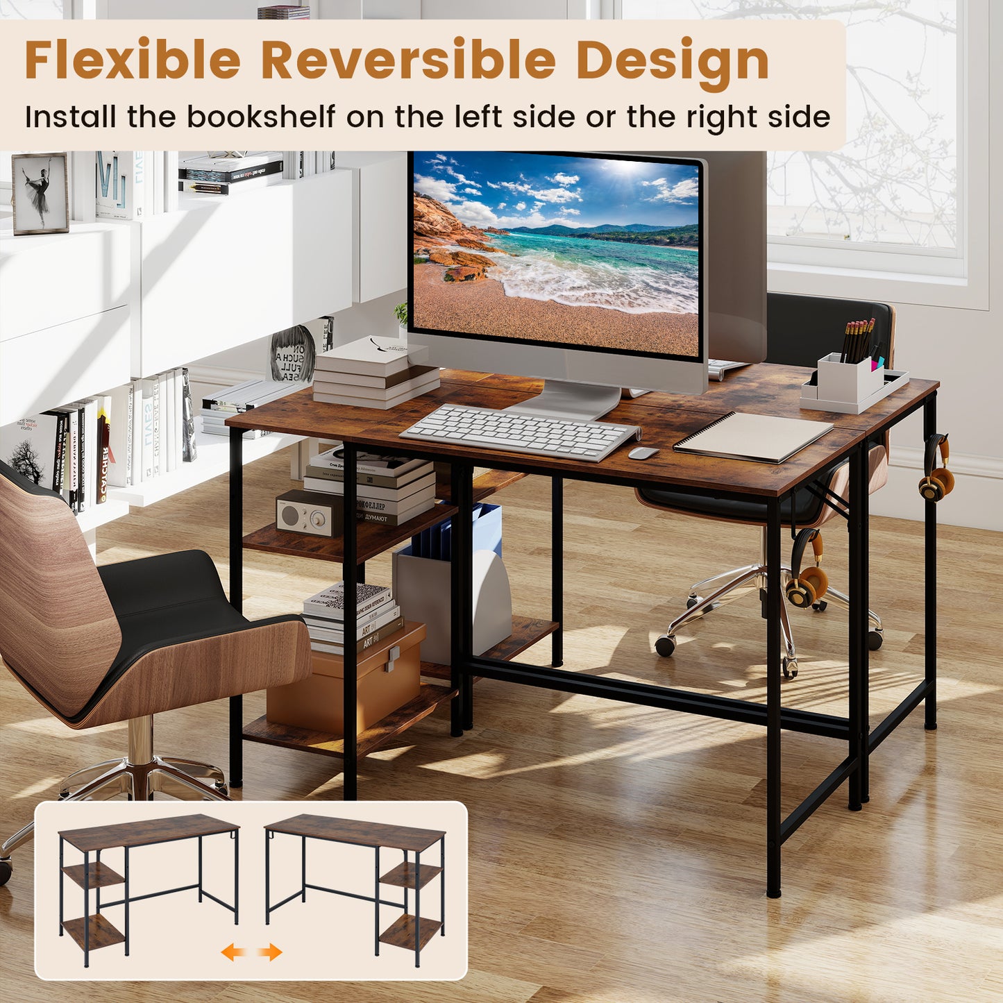 120 cm Reversible Home Office Desk with Headphone Hook and Shelves-Rustic Brown