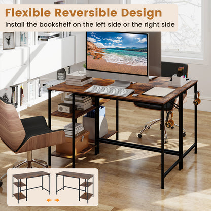 120 cm Reversible Home Office Desk with Headphone Hook and Shelves-Rustic Brown
